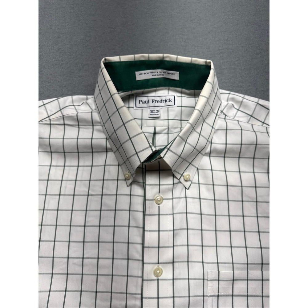 Paul Fredrick Mens Dress Shirt 16.5 34 Green Tattersall Non-Iron Cotton Pinpoint